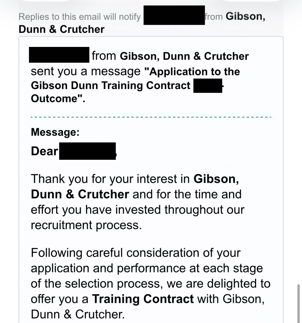 Anonymised Gibson, Dunn & Crutcher email extending a Training Contract offer to an ECS Private Careers Advisory client. The candidate name, the recruiter name and the identifying part of the subject line are redacted.